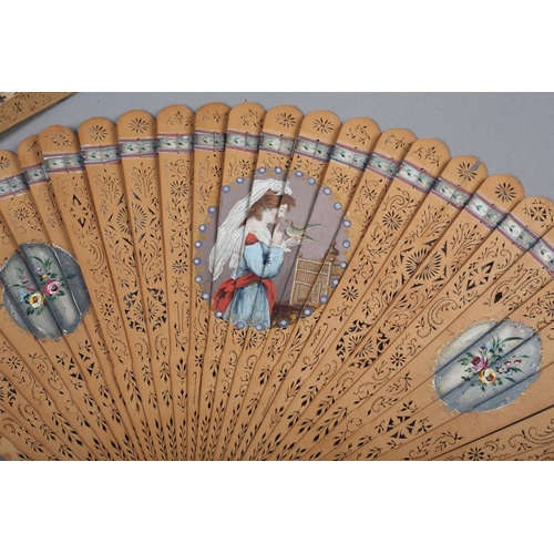 1 - Two late 18th century wood brisé fans, the first with 28 inner sticks and two guards, rounded tips, ... 