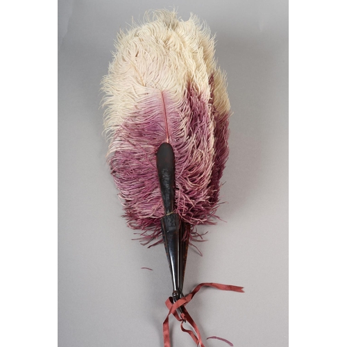 102 - An ostrich feather fan, shaded from purple to lilac and ending in cream, the monture of tortoiseshel... 