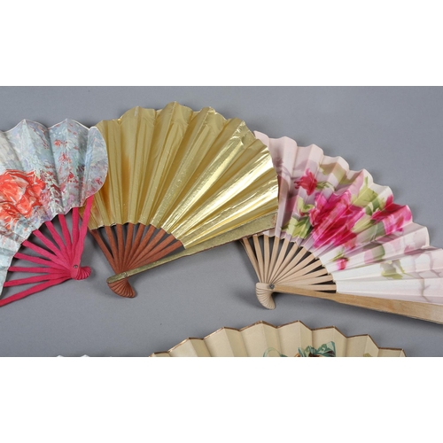 110B - Five advertising fans, three of which are French, one for the salon de thé “Aux Trois Quartiers Pari... 