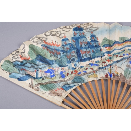 140 - An unusual 19th century/early 20th century Chinese fan, Qing Dynasty, the double paper leaf mounted ... 