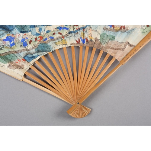 140 - An unusual 19th century/early 20th century Chinese fan, Qing Dynasty, the double paper leaf mounted ... 