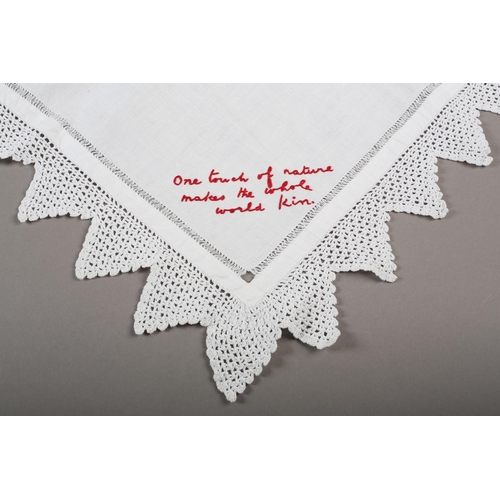 172 - An autographed friendship tablecloth, linen embroidered in red with multiple names of the participan... 