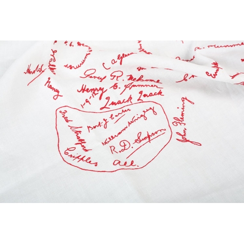 172 - An autographed friendship tablecloth, linen embroidered in red with multiple names of the participan... 