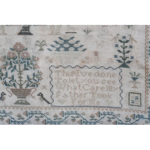 175B - An early 19th century needlework sampler, framed and glazed, dated 1820, the work of Charlotte McLea... 