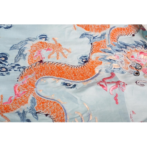 191 - Good Chinese silk-satin embroidered panels, Qing Dynasty, one with pale turquoise ground, the embroi... 