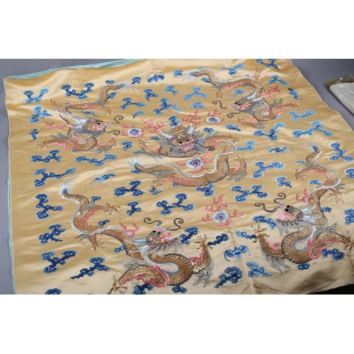 191 - Good Chinese silk-satin embroidered panels, Qing Dynasty, one with pale turquoise ground, the embroi... 