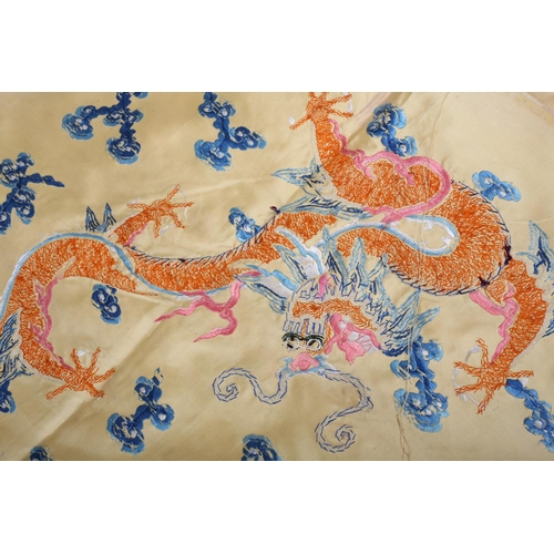 191 - Good Chinese silk-satin embroidered panels, Qing Dynasty, one with pale turquoise ground, the embroi... 