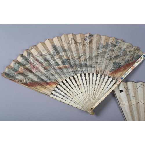 2 - An 18th century bone fan, the upper guards painted in chinoiserie fashion, the sticks carved as to b... 