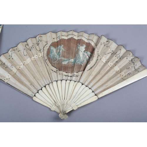 2 - An 18th century bone fan, the upper guards painted in chinoiserie fashion, the sticks carved as to b... 