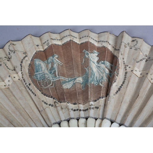 2 - An 18th century bone fan, the upper guards painted in chinoiserie fashion, the sticks carved as to b... 