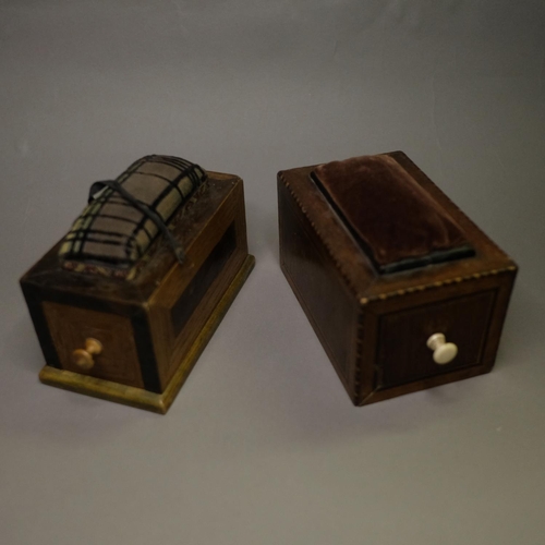 225 - Two 19th century pincushions in box form, each with a drawer for holding threads and tools, one draw... 