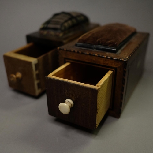 225 - Two 19th century pincushions in box form, each with a drawer for holding threads and tools, one draw... 