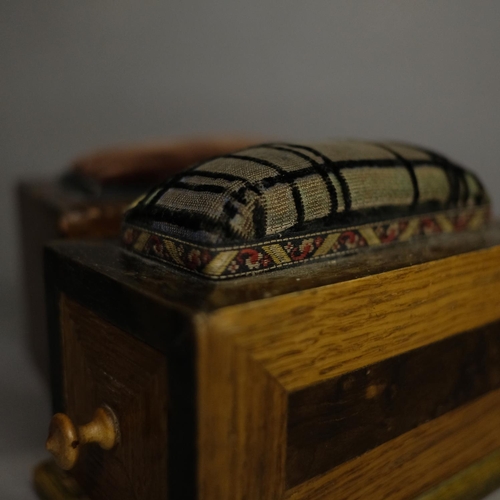 225 - Two 19th century pincushions in box form, each with a drawer for holding threads and tools, one draw... 