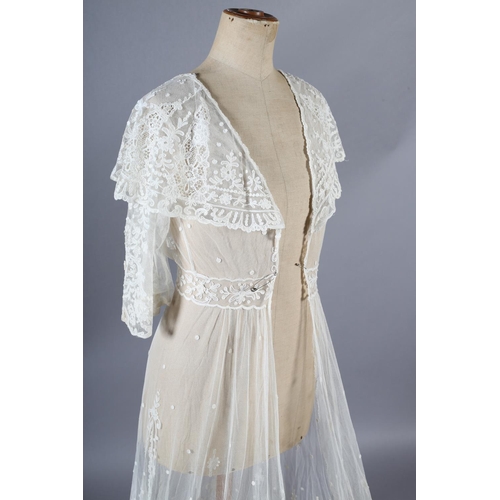 269 - Antique Lace: A good Edwardian full-length overdress, tamboured net with chemical lace insertions, s... 