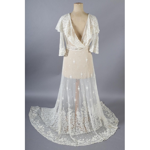 269 - Antique Lace: A good Edwardian full-length overdress, tamboured net with chemical lace insertions, s... 