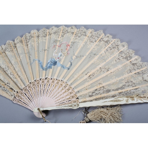 27 - Four late Victorian/Edwardian fans, summer colours and weight, one with a gauze leaf painted with a ... 