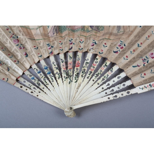 3 - An interesting mid to late 18th century carved and pierced bone fan with double paper leaf, intricat... 