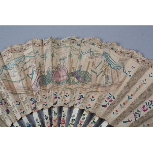 3 - An interesting mid to late 18th century carved and pierced bone fan with double paper leaf, intricat... 