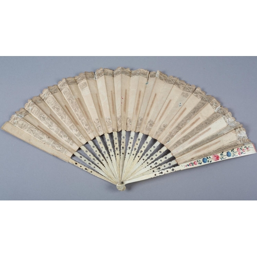 3 - An interesting mid to late 18th century carved and pierced bone fan with double paper leaf, intricat... 