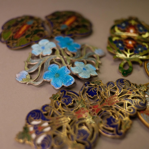 304 - Cloisonné enamel belt buckles, Art Nouveau and later, one pair in shades of turquoise with meanderin... 