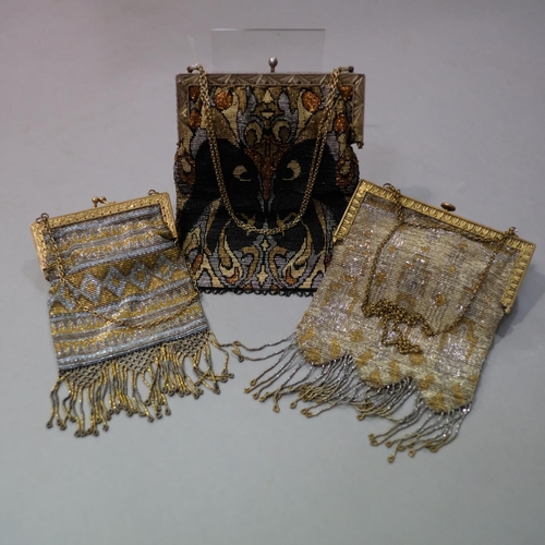 319 - Art deco beaded evening bags, three of fine design and quality, all with metal frames and chain hand... 