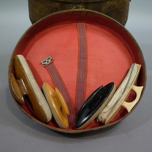 339 - Deep double top hat leather carrying case, French, lined in red silk, with interior supports and str... 