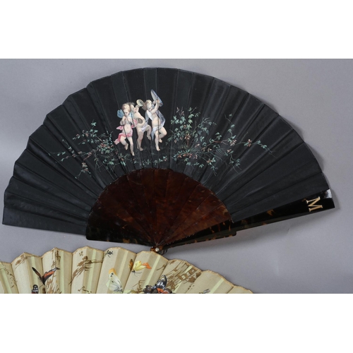 54 - A c.1890’s gauze fan painted with butterflies, signed “Antoinette”, the leaf mounted on blonde torto... 