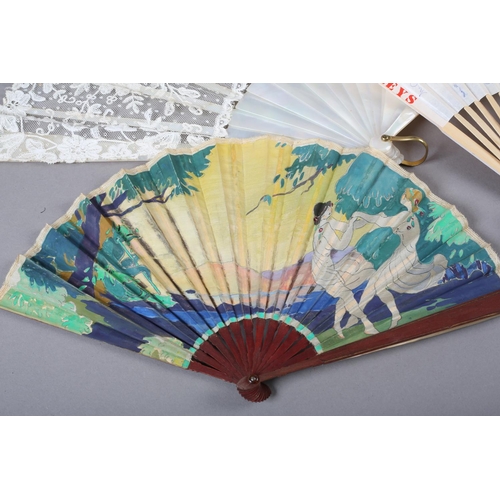 60 - A mixed lot of fans, with interesting examples and items for repair and spares: a small painted silk... 