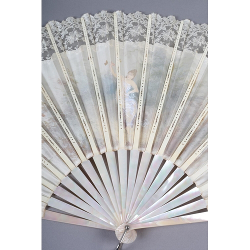 79 - c.1890’s, a large and showy painted silk fan, the cream silk edged in cream machine lace, the centra... 