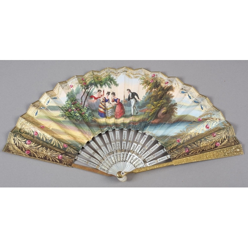 83 - c.1830’s, a dainty fan with embossed gold metal guards, featuring a face and flowers, the gorge pier... 