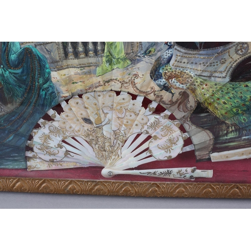 90 - Art Nouveau: an extravagant and colourful fan portraying two robed ladies on a terrace, at dusk, a f... 