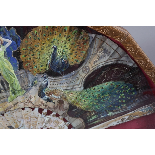 90 - Art Nouveau: an extravagant and colourful fan portraying two robed ladies on a terrace, at dusk, a f... 