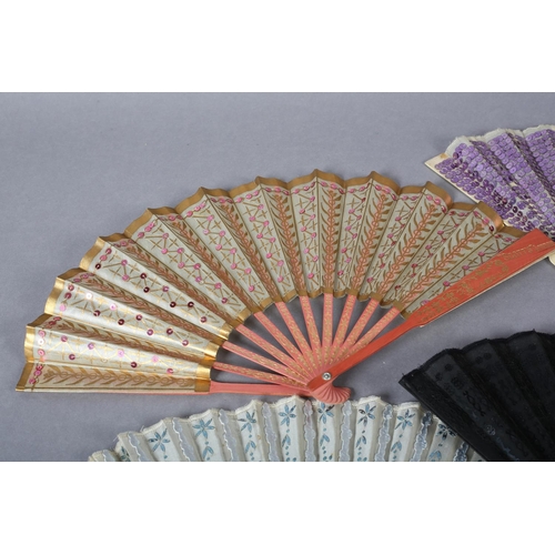 114 - Four early 20th century fans with sequins, the first advertising “Scott’s London, having a paper lea... 