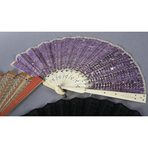 114 - Four early 20th century fans with sequins, the first advertising “Scott’s London, having a paper lea... 