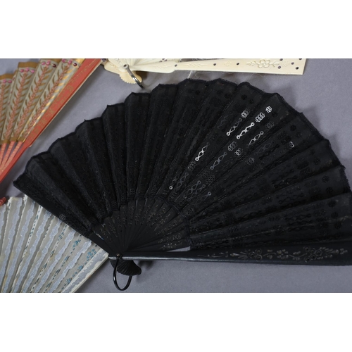 114 - Four early 20th century fans with sequins, the first advertising “Scott’s London, having a paper lea... 