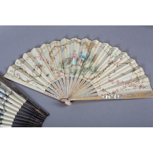 126 - A good early 20th century pink mother of pearl fan, the cream silk leaf painted with a courting coup... 