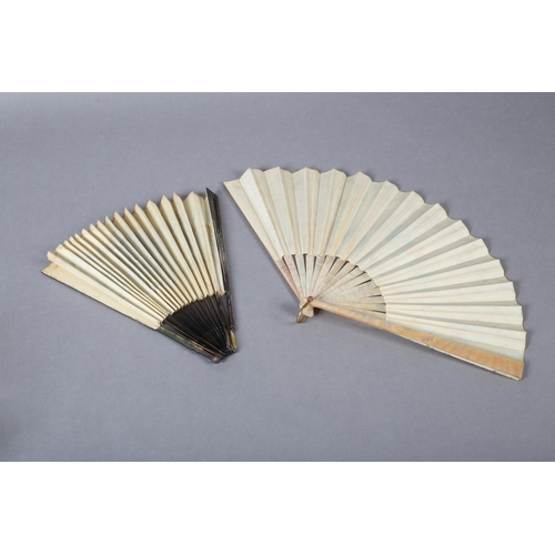 126 - A good early 20th century pink mother of pearl fan, the cream silk leaf painted with a courting coup... 