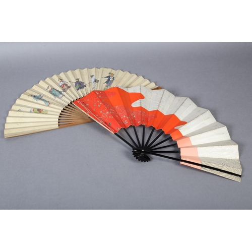 128 - Two Japanese fans, the first with wood monture, the guards inset with shibayama insects, three diffe... 