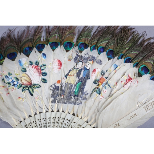 134 - 19th century Chinese Qing dynasty large goose feather fan, the feathers tipped with peacock “eyes”, ... 