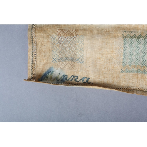 183 - A European darning sampler dated 1837, incorporating nine darns of different designs worked in colou... 