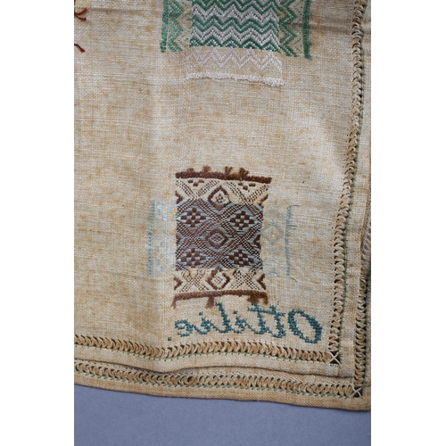 183 - A European darning sampler dated 1837, incorporating nine darns of different designs worked in colou... 