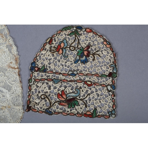 245 - Antique lace: two items in the form of cap backs, with additions, the first exquisitely worked needl... 