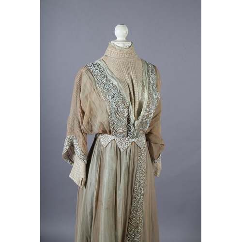 261 - An Edwardian day dress, light coffee gauze lined with sea-green silk, the dress trimmed with sea-gre... 