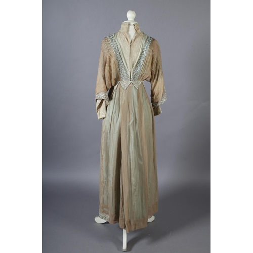 261 - An Edwardian day dress, light coffee gauze lined with sea-green silk, the dress trimmed with sea-gre... 