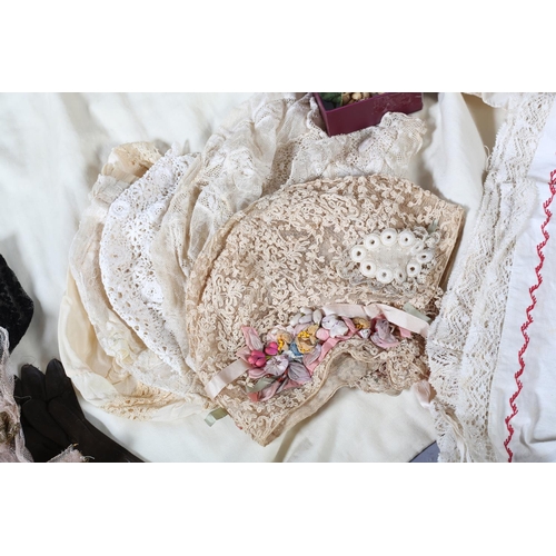 276 - 1920’s boudoir caps, a wedding veil and a wax headdress and corsage, with pink silk train trimmed wi... 