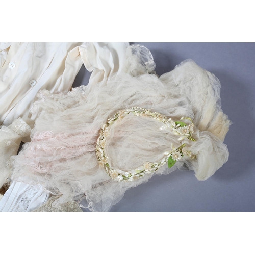 276 - 1920’s boudoir caps, a wedding veil and a wax headdress and corsage, with pink silk train trimmed wi... 