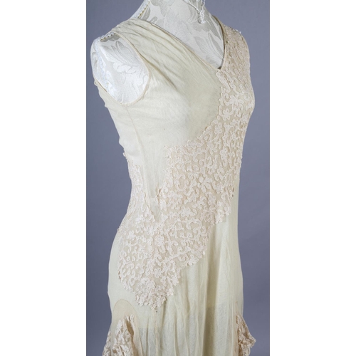 298 - 1920’s cream net and machine lace full length, sleeveless dress, side press-stud fastening, pale gre... 