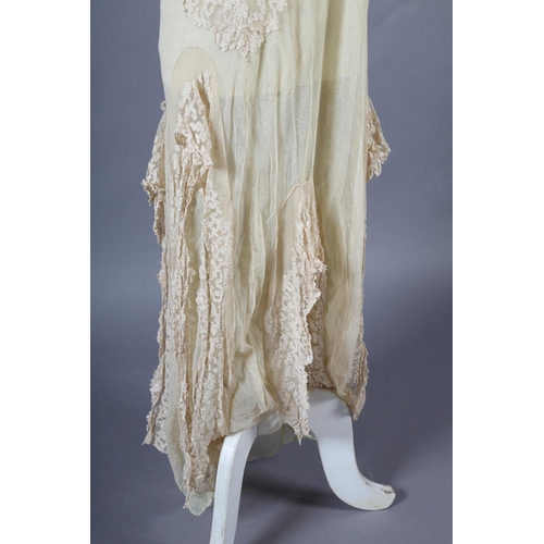 298 - 1920’s cream net and machine lace full length, sleeveless dress, side press-stud fastening, pale gre... 