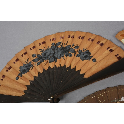 30 - Various wood brisé fans, the first very visual with guards and lower sticks dyed to a dark brown, co... 