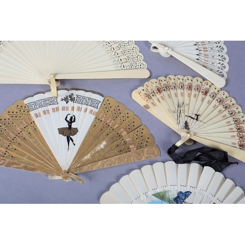 35 - A selection of small brisé fans for young girls: a celluloid example with a dancer painted in the ce... 